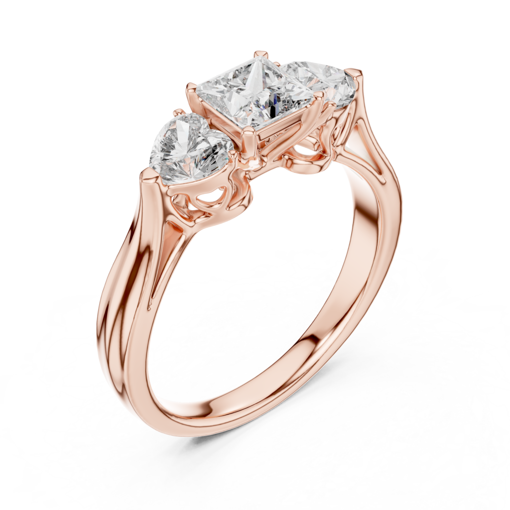 Three Stone Heart & Princess Diamond Ring